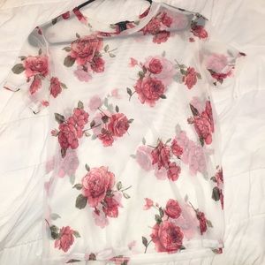 See through white w/ red roses shirt.